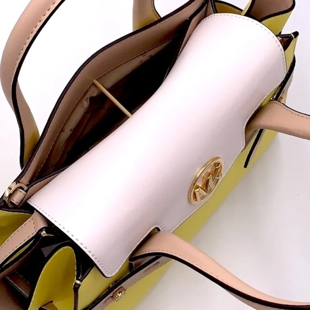 MICHAEL KORS Carmen Medium Color-Block Faux Saffiano Leather Belted Satchel